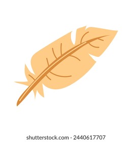 The flat feather is fluffy and isolated on white. Vector illustration of a cartoon yellow feather. The concept of a bird's feather and decor. A light, fluffy object