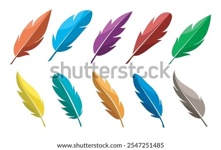 Flat feather icon set. Colorful bird feather icons isolated vector illustration