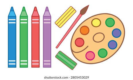 A flat featuring a collection of supplies on a white background. The set includes four vertical crayons in blue, green, red, and purple. To the right, there is an oval-shaped beige paint palette with six colorful paint wells, a thin paintbrush with a brown tip, and two rectangular sticks of modeling clay in yellow and green. The are rendered with simple, clean outlines and solid, bright colors, representing basic tools for children's and school projects.