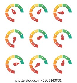 Medidor de retroalimentación plano y medidor de clasificación. Vocámetro o gráfico de presión. Concepto de progreso empresarial, satisfacción e íconos vectoriales decentes de humor