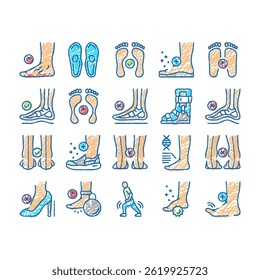 Flat Feet Disease Collection doodle icons set vector. Orthopedic Insoles Shoes, Inward Outward Curvature Of Legs, Flat Feet Treatment sketch hand drawn