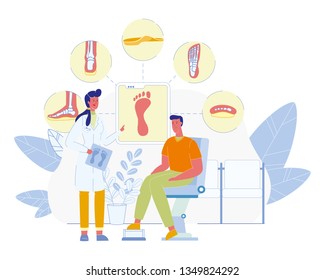 Flat Feet Problem Treatment and Correction with Anatomical Footwear Insoles Flat Vector Concept with Female Doctor, Orthopedist Explaining X-Ray Image, Consulting Male Patient in Clinic Illustration