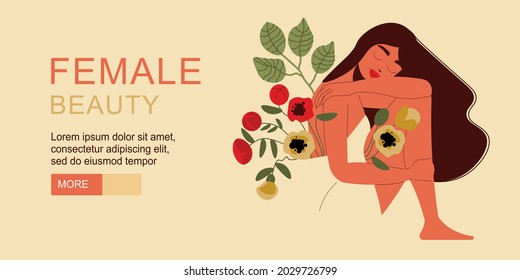 Flat female beauty banner with beautiful dark haired woman with bunch of flowers horizontal vector illustration