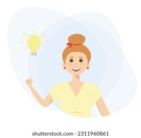 flat female character with bright idea, woman with light bulb representing creative thought