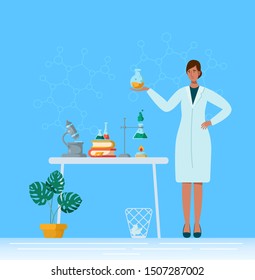 Flat female character in chemical or medical laboratory, equipment for experiment. Women doctor or scientist with glass flask in lab. Retorts, microscope, test tubes on desk. Vector illustration