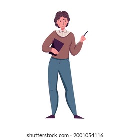 Flat female character of teacher holding book and pen vector illustration