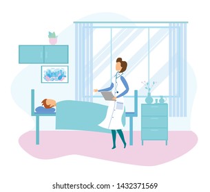 Flat Female Doctor Visit Patient Lying in Hospital Bed. Cartoon Health Worker or Nurse Doing Surgery Observation, Consultation in Hospital Ward. Sick Man, High Tech Clinic Interior Vector Illustration