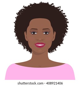 Flat female face. Avatar of smiling pretty african american young girl. Vector illustration. 