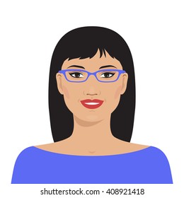 Flat female face. Avatar of smiling pretty asian woman with glasses. Vector illustration. 