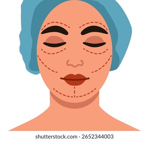 Face feminina plana com olhos fechados e linhas de incisão com marcador no rosto