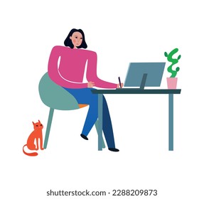Flat female graphic designer working on computer at home vector illustration