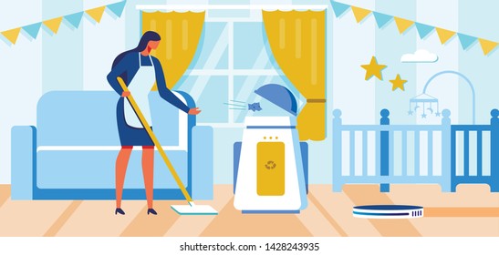 Flat Female Housemaid Cleaning Room Using Remote Control Robot Vacuum Cleaner and Smart Trash Can Cartoon. Housewife AI Helpers. Household Chores Automation. Vector Robotics in Daily Life Illustration