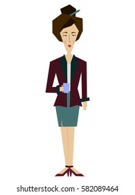 Flat female office worker, a librarian, secretary, a business lady. Business Woman Human Resources, Business Woman Cartoon Character Full Length Flat Vector Illustration