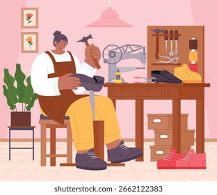 Composición de trabajo del zapatero femenino plano