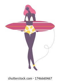 Flat female surfer character in white swimsuit beachwear with surfboard in hands. Vector young woman of african ethnicity isolated on white with funboard