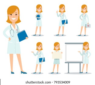 Flat female young doctor or nurse characters vector illustration set. Woman in various poses. Healthcare, medicine, medical professional, doctor profession concept. Web icon and helper