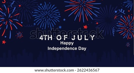 Flat festive background for 4th of July with red and blue fireworks and stars, excellent for celebrating Independence Day across print and digital media