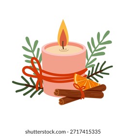 Vela festiva plana decorada com um galho de abeto e paus de canela. Ilustração de Ano Novo e Natal.
