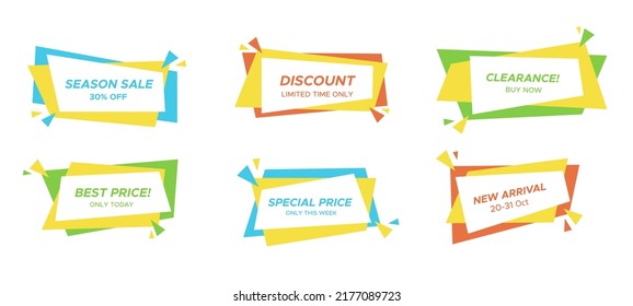 Flat festive discount label collection, color isolated sale banner, geometric rectangle price offer, abstract horizontal promotion sticker set, web trendy promo box, vector graphic