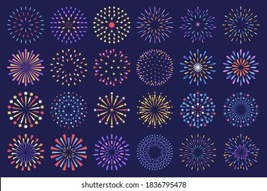 Flat festive firework. Celebration fireworks display show, isolated decorative vector set