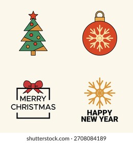 Flat festive illustration with Christmas tree, red ornament, golden snowflake, Merry Christmas text and Happy New Year greeting on light background