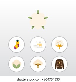 Flat Fiber Set Of Hosiery, Knitting, Bud And Other Vector Objects. Also Includes Sweater, Flower, Knitting Elements.