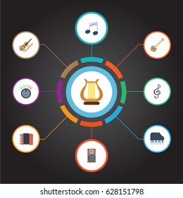 Flat Fiddle, Knob, Banjo And Other Vector Elements. Set Of Studio Flat Symbols Also Includes Box, Keys, Speaker Objects.