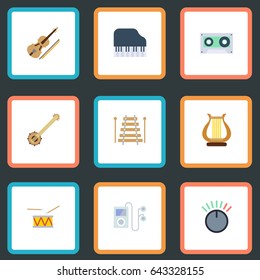 Flat Fiddle, Tambourine, Musical Instrument And Other Vector Elements. Set Of Music Flat Symbols Also Includes Instrument, Control, Audio Objects.