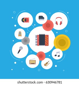 Flat Fiddle, Tone Symbol, Retro Disc And Other Vector Elements. Set Of Studio Flat Symbols Also Includes Studio, Fiddle, Rhythm Objects.