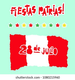 Flat fiestas patrias design for banner, apparel print, independence victory day card, slogan graphic poster with text fiestas patrias in Peru national state flag colors Vintage grunge torn paper styl