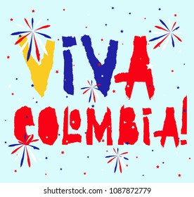 Flat fiestas patrias design for banner, apparel print, independence victory day card, slogan graphic poster with text Viva Colombia in national state flag colors. Vintage grunge torn paper style.