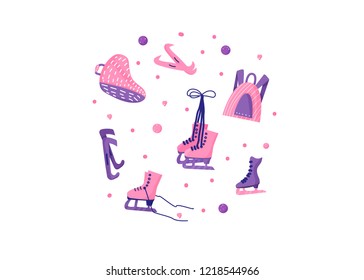 Flat figure ice skating equipment composition.  Set of sports objects. Vector illustration.