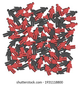Flache Figuren von Männern verschiedener Farben sind chaotisch verstreut, Draufsicht. Schwarze und rote Silhouetten von Menschen werden in einem Heap gestapelt. Vektorgrafik, Flachdesign, Cartoon, einzeln.