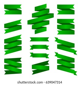 Flat figures of tape banners on grey background, illustration Set of green ribbons