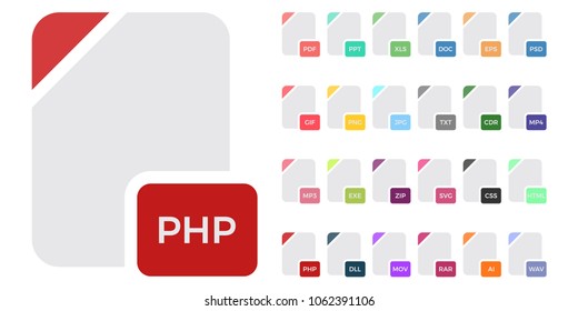 Flat file format icons. Audio, video, image, system, archive, code and document file types