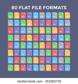 Flat File Format Icons. Audio, Video, Image, System, Archive, Code And Document File Types