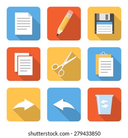 Flat file operation icons with long shadows. Vector illustration