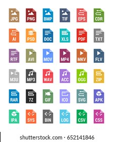 Flat file types icons. Archive, vector, audio, image, system, document formats