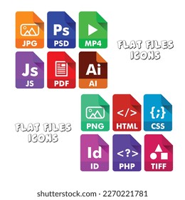 Flat files icons in Vector format - JPG, PDF, Ai, PSD, HTML, CSS, ID, TIFF, Mp4, PNG