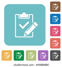 Flat fill out checklist icons on rounded square color backgrounds.