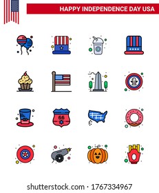 Flat Filled Line Pack of 16 USA Independence Day Symbols of dessert; usa; bottle; american; hat Editable USA Day Vector Design Elements