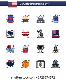 Flat Filled Line Pack of 16 USA Independence Day Symbols of flag; liquid; madison; hip; drink Editable USA Day Vector Design Elements
