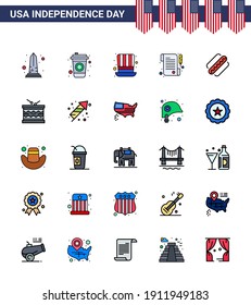 Flat Filled Line Pack of 25 USA Independence Day Symbols of hotdog; america; day; day; paper Editable USA Day Vector Design Elements