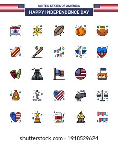 Paquete de línea llenado plano de 25 Símbolos de sombrero del Día de la Independencia de Estados Unidos; americano; bola; festival de estados unidos; elementos de diseño de vectores de USA Day editable estadounidense