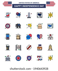 Flat Filled Line Pack of 25 USA Independence Day Symbols of men; map; landmark; flag; washington Editable USA Day Vector Design Elements