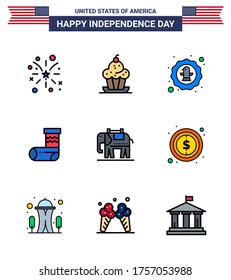 Flat Filled Line Pack of 9 USA Independence Day Symbols of gift; christmas; thanksgiving; celebration; eagle Editable USA Day Vector Design Elements