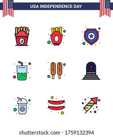 Flat Filled Line Pack of 9 USA Independence Day Symbols of hot dog; cola; shield; summer; glass Editable USA Day Vector Design Elements