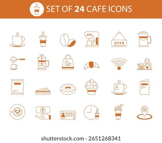 Flat filled vector icons for coffee and cafe themes. 24 clean fill icons of coffee cups, beans, food, and barista tools. Perfect for UI and print.