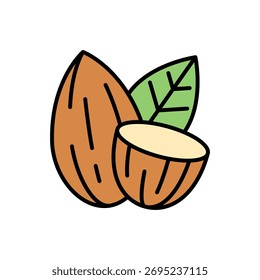 Ilustración vectorial rellena plana de almendra entera, hoja verde y rebanada