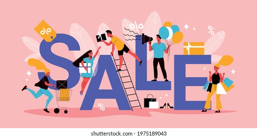 Flat final sale concept with text human characters with purchases and discount tags vector illustration